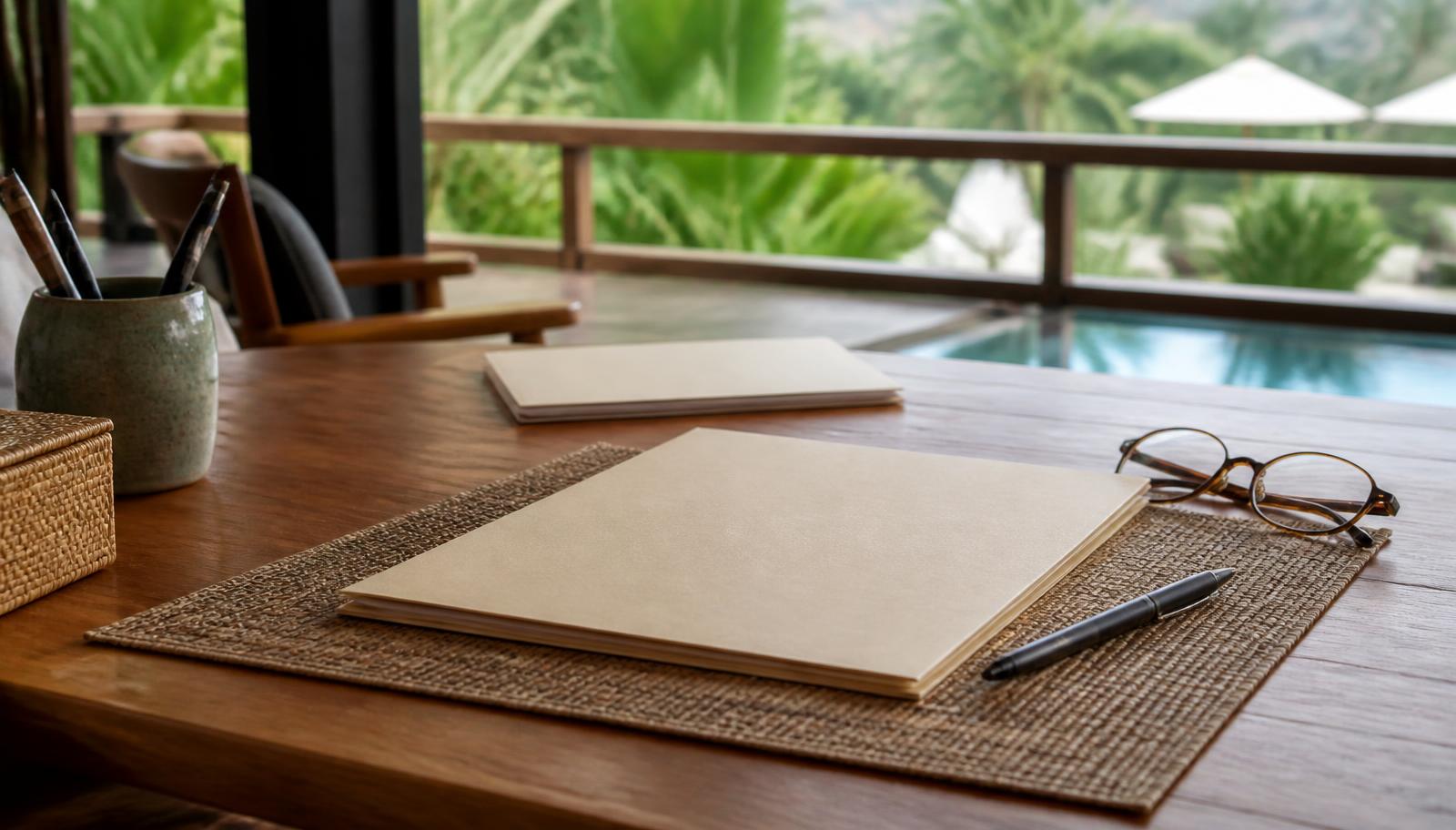 Blanco dossiermappen, pen en leesbril op een teakhouten tafel in een tropisch open kantoor