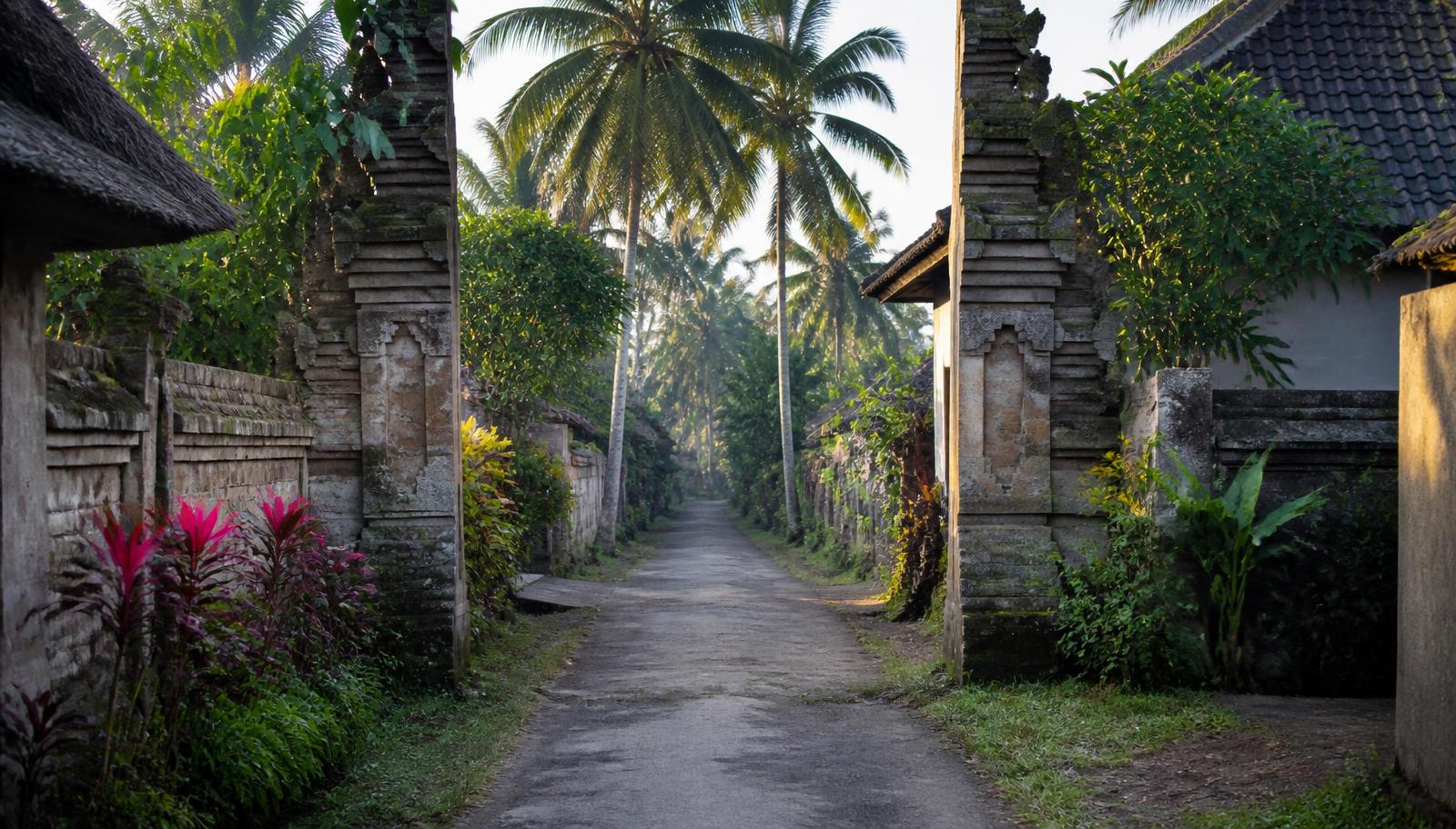 Traditionele Balinese dorpsstraat met stenen poorten en palmbomen in ochtendlicht