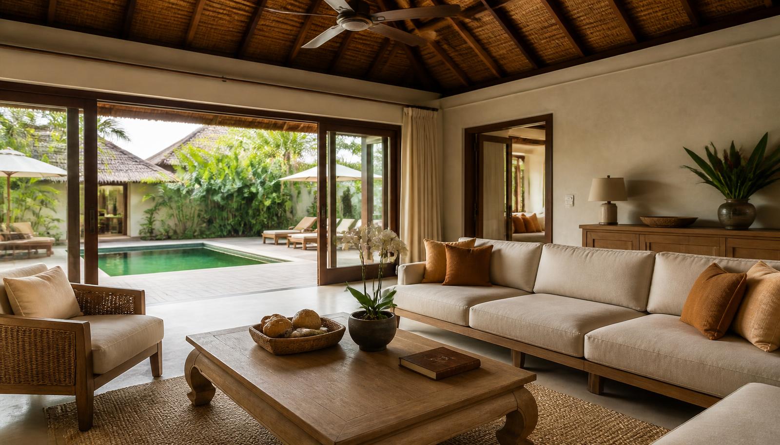 Lichte woonkamer van een Balinese villa met open puien naar een zwembad en tropische tuin