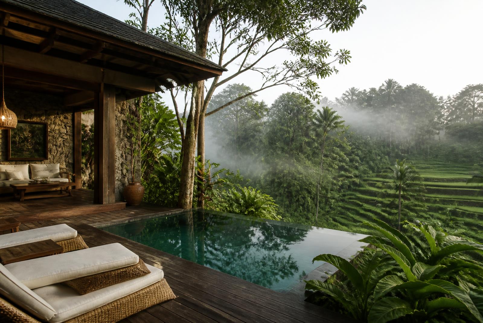 Boutique villa bij Ubud met houten terras, klein overloopbad en uitzicht over jungle en rijstterrassen