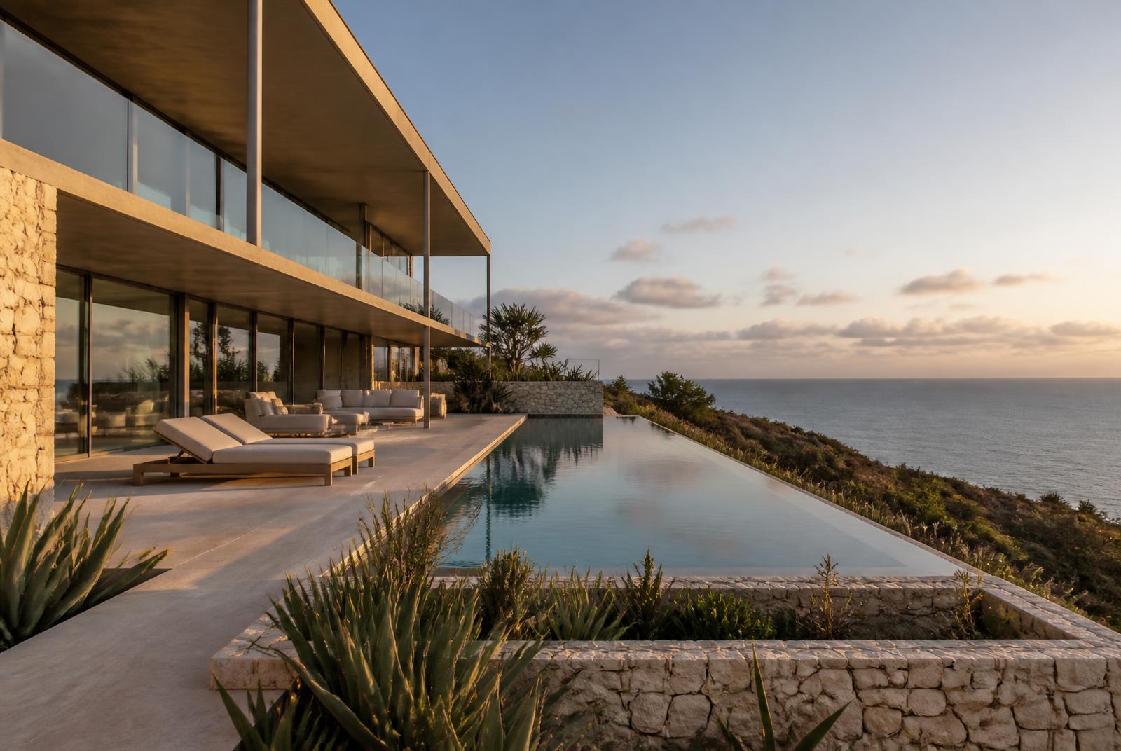 Nieuwbouwvilla op de kliffen van Uluwatu met overloopzwembad, kalksteen en uitzicht over de oceaan